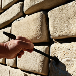 A close-up shot of a conservator meticulously tuckpointing a historic stone wall under bright sunlight, showcasing the intricate detail of the newly restored joints blending seamlessly with the aged stonework. Focus on the contrast between the old and new mortar, emphasizing the steady hand and precise tools used.