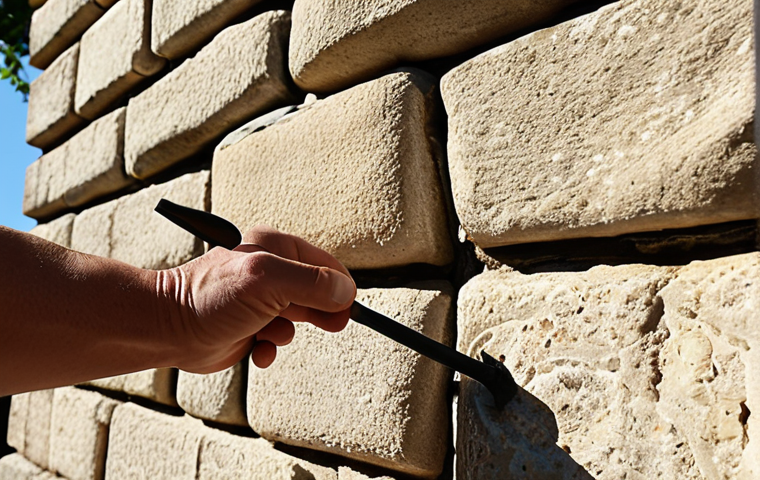 A close-up shot of a conservator meticulously tuckpointing a historic stone wall under bright sunlight, showcasing the intricate detail of the newly restored joints blending seamlessly with the aged stonework. Focus on the contrast between the old and new mortar, emphasizing the steady hand and precise tools used.