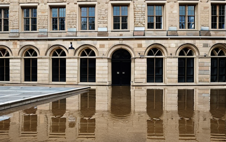 Flood Mitigation**
Prompt: Historic stone building with flood barriers in place, reflecting pools of water after a rain, demonstrating flood resilience.
**