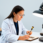 A professional cultural heritage conservator, fully clothed in a modest, clean white lab coat, meticulously examining an ancient ceramic vase under a bright magnifying lamp. The scene is set in a modern, well-equipped conservation studio with specialized tools like delicate brushes and small instruments visible on a clean workbench. The conservator exhibits perfect anatomy, correct proportions, and a natural, focused pose, showcasing precision and patience. safe for work, appropriate content, fully clothed, professional, family-friendly, well-formed hands, proper finger count, natural body proportions, professional photography, high quality, detailed lighting.