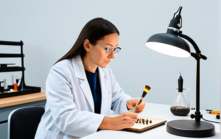 A professional cultural heritage conservator, fully clothed in a modest, clean white lab coat, meticulously examining an ancient ceramic vase under a bright magnifying lamp. The scene is set in a modern, well-equipped conservation studio with specialized tools like delicate brushes and small instruments visible on a clean workbench. The conservator exhibits perfect anatomy, correct proportions, and a natural, focused pose, showcasing precision and patience. safe for work, appropriate content, fully clothed, professional, family-friendly, well-formed hands, proper finger count, natural body proportions, professional photography, high quality, detailed lighting.