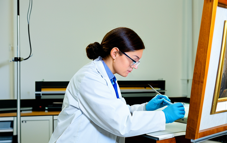 Analytical Conservator at Work**

"A professional analytical conservator in a fully clothed lab coat, meticulously examining a historical painting with scientific instruments like XRF, appropriate attire, safe for work, perfect anatomy, natural proportions, professional, clean laboratory setting, well-lit, focused expression, tools visible, high quality, modest clothing."

**