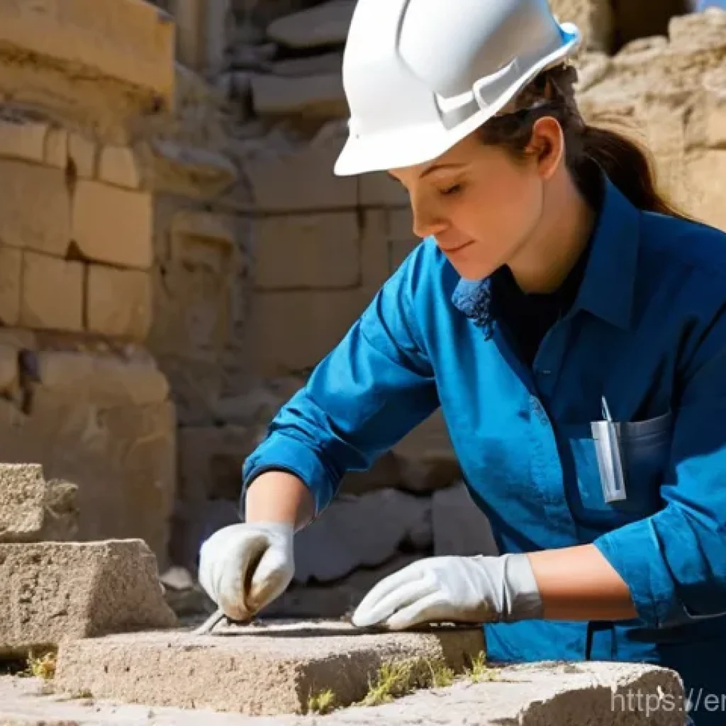 문화재수리 전문가로서의 커리어 패스 - **Prompt:** A female architectural conservator, approximately 30-40 years old, with her hair neatly ...