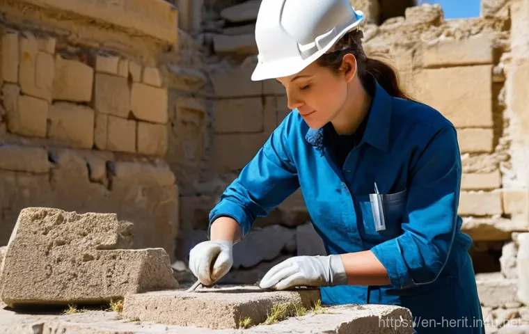 문화재수리 전문가로서의 커리어 패스 - **Prompt:** A female architectural conservator, approximately 30-40 years old, with her hair neatly ...