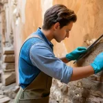 문화재수리 현장 실습 경험담 - A focused young cultural heritage conservator, wearing sturdy work trousers, a long-sleeved practica...