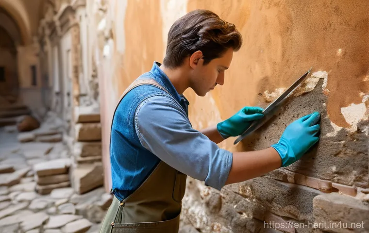 문화재수리 현장 실습 경험담 - A focused young cultural heritage conservator, wearing sturdy work trousers, a long-sleeved practica...