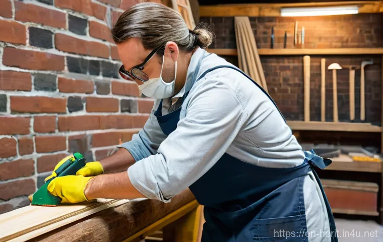 문화재수리 현장 실습 경험담 - A focused young cultural heritage conservator, wearing sturdy work trousers, a long-sleeved practica...