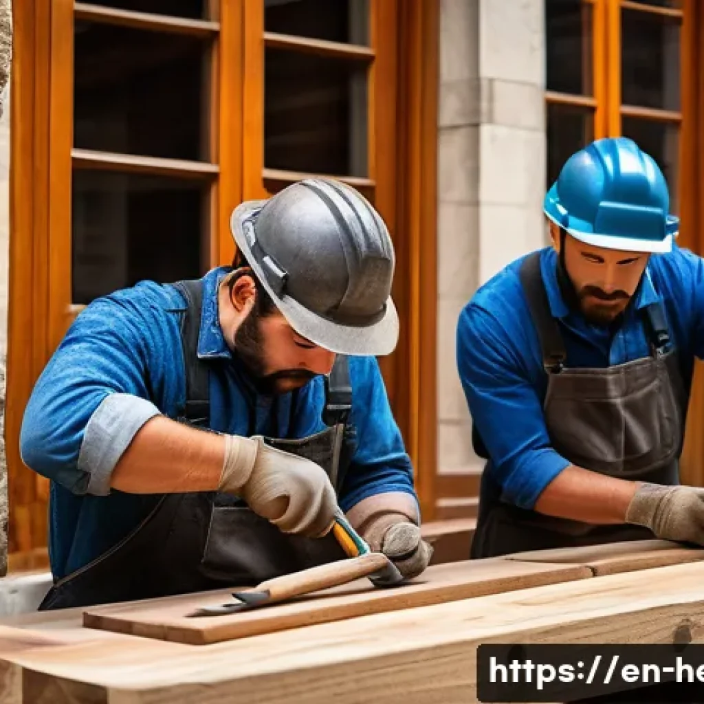 문화재수리 프로젝트 관리 방법 - A detailed scene showing a group of skilled artisans working collaboratively on restoring a historic...