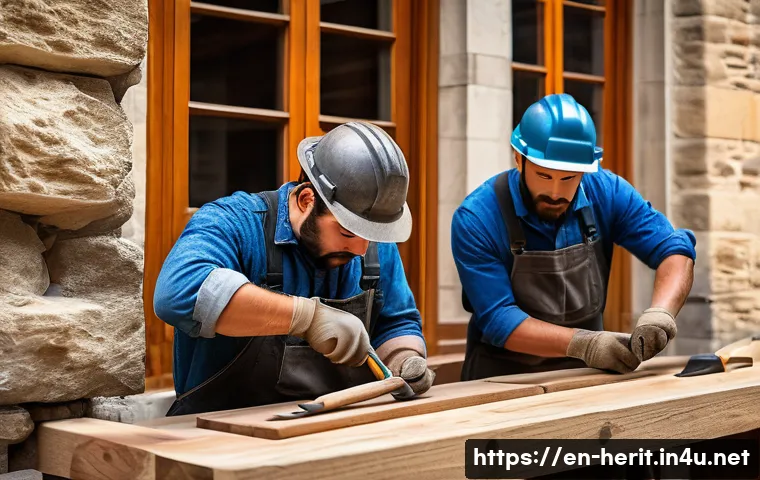 문화재수리 프로젝트 관리 방법 - A detailed scene showing a group of skilled artisans working collaboratively on restoring a historic...