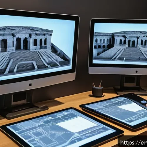 문화재수리 실무에서 사용하는 소프트웨어 - A highly detailed scene of heritage restoration experts using advanced 3D modeling software in a mod...