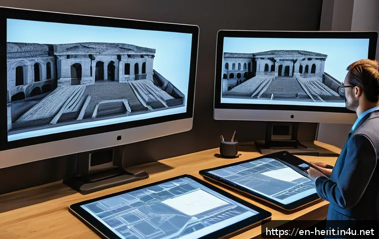 문화재수리 실무에서 사용하는 소프트웨어 - A highly detailed scene of heritage restoration experts using advanced 3D modeling software in a mod...