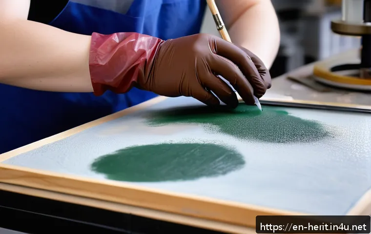 문화재수리에서 자주 쓰이는 도구 - A close-up scene of a professional art conservator meticulously restoring a fragile 17th-century fre...